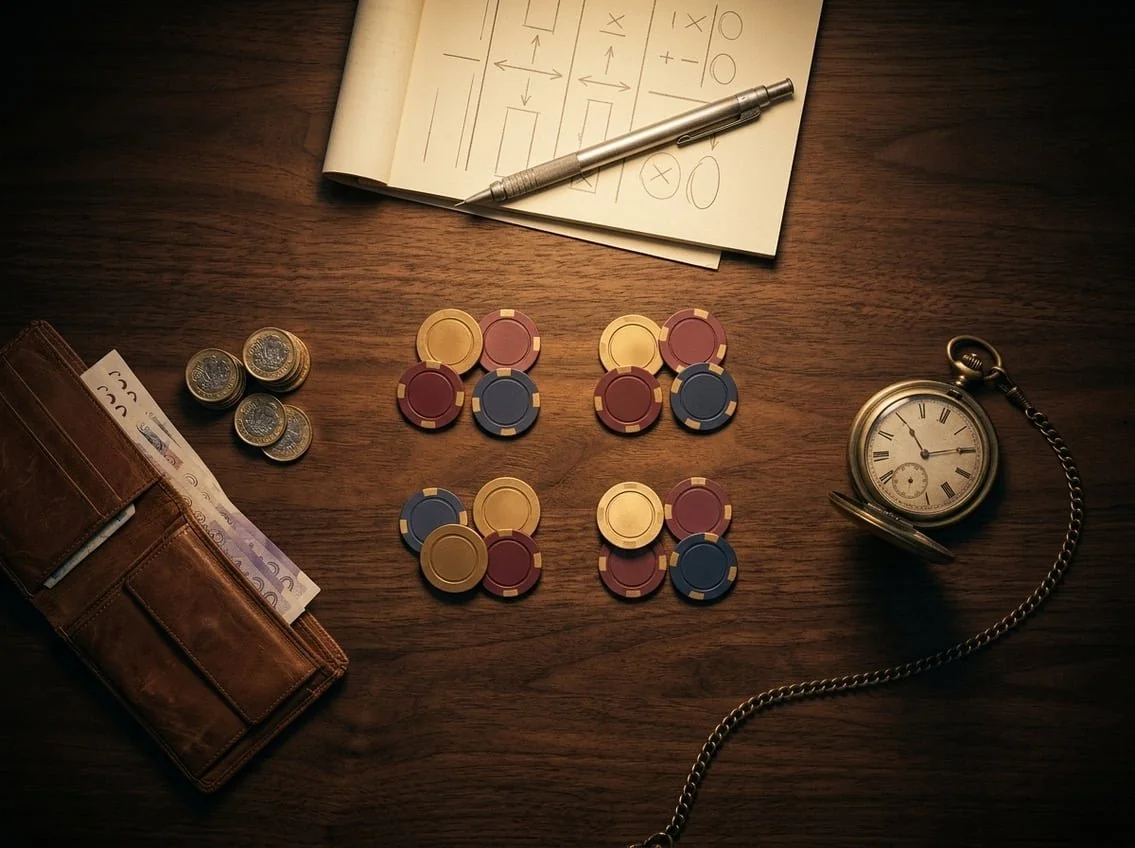 Casino chips in equal portioned groups, a brass pocket watch, a leather wallet with pound notes, and a notepad with pencil planning marks on a dark walnut desk