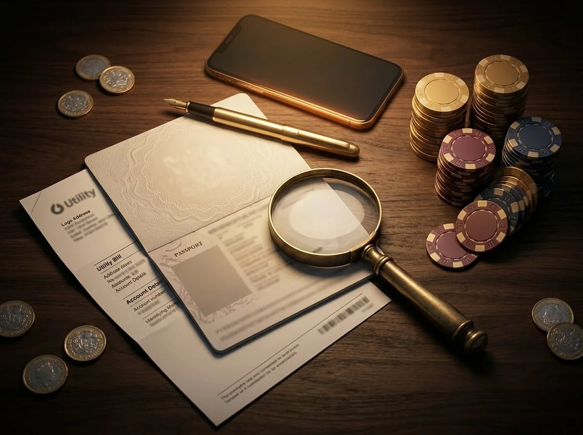 Open passport, folded documents, a magnifying glass, and casino chips on a dark walnut desk