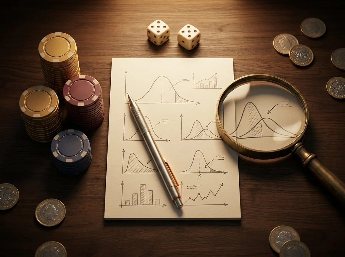 Notepad with hand-drawn probability distribution curves, dice, casino chips in graduated stacks, and a magnifying glass on a dark walnut desk