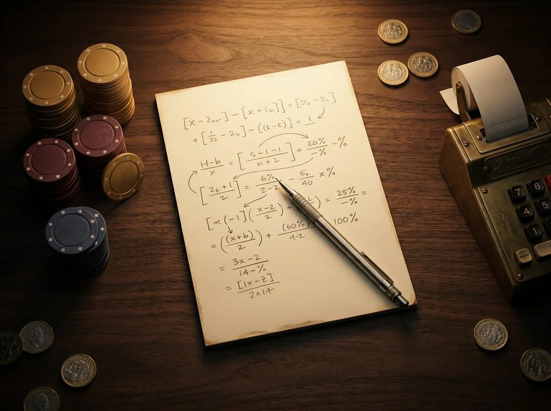Notepad with hand-written calculations, pencil, casino chips, and a vintage brass calculator on a dark walnut desk