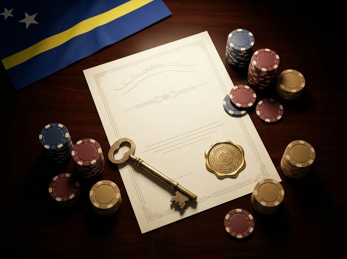 Parchment licence with gold wax seal, casino chips, and a Curaçao flag element