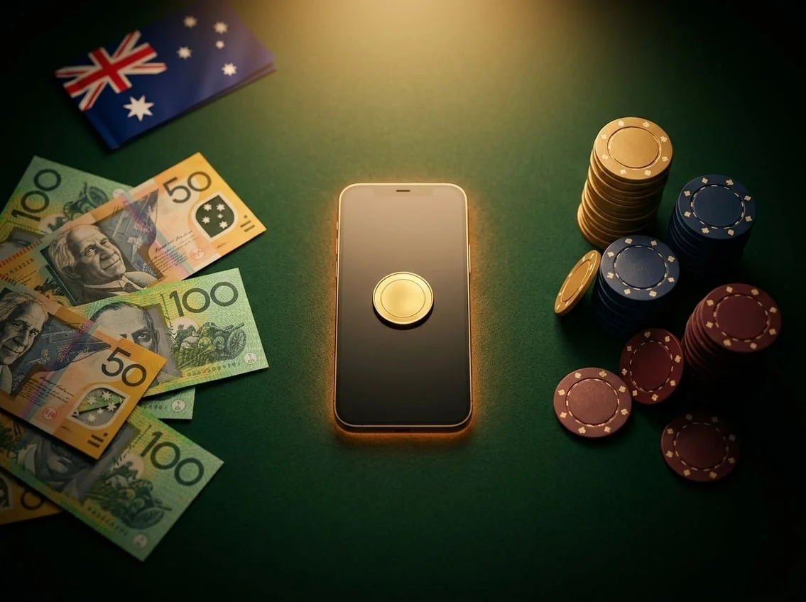Australian banknotes, smartphone, and casino chips on a green felt table