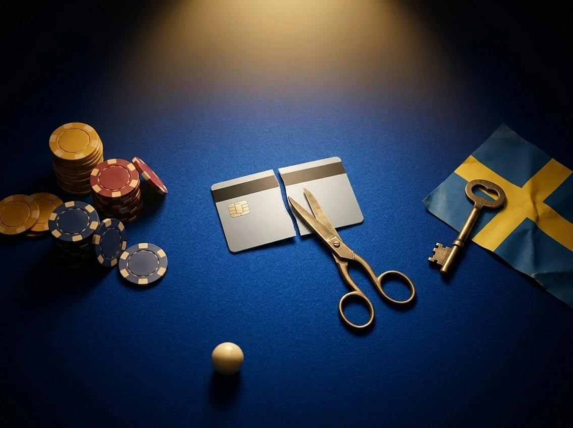 A credit card cut in half, casino chips, and a Swedish flag element on a blue felt surface