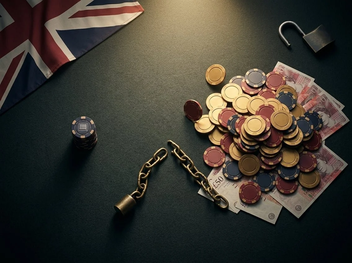 A small stack of casino chips beside a much larger spilling pile, a broken chain between them, and a Union Jack