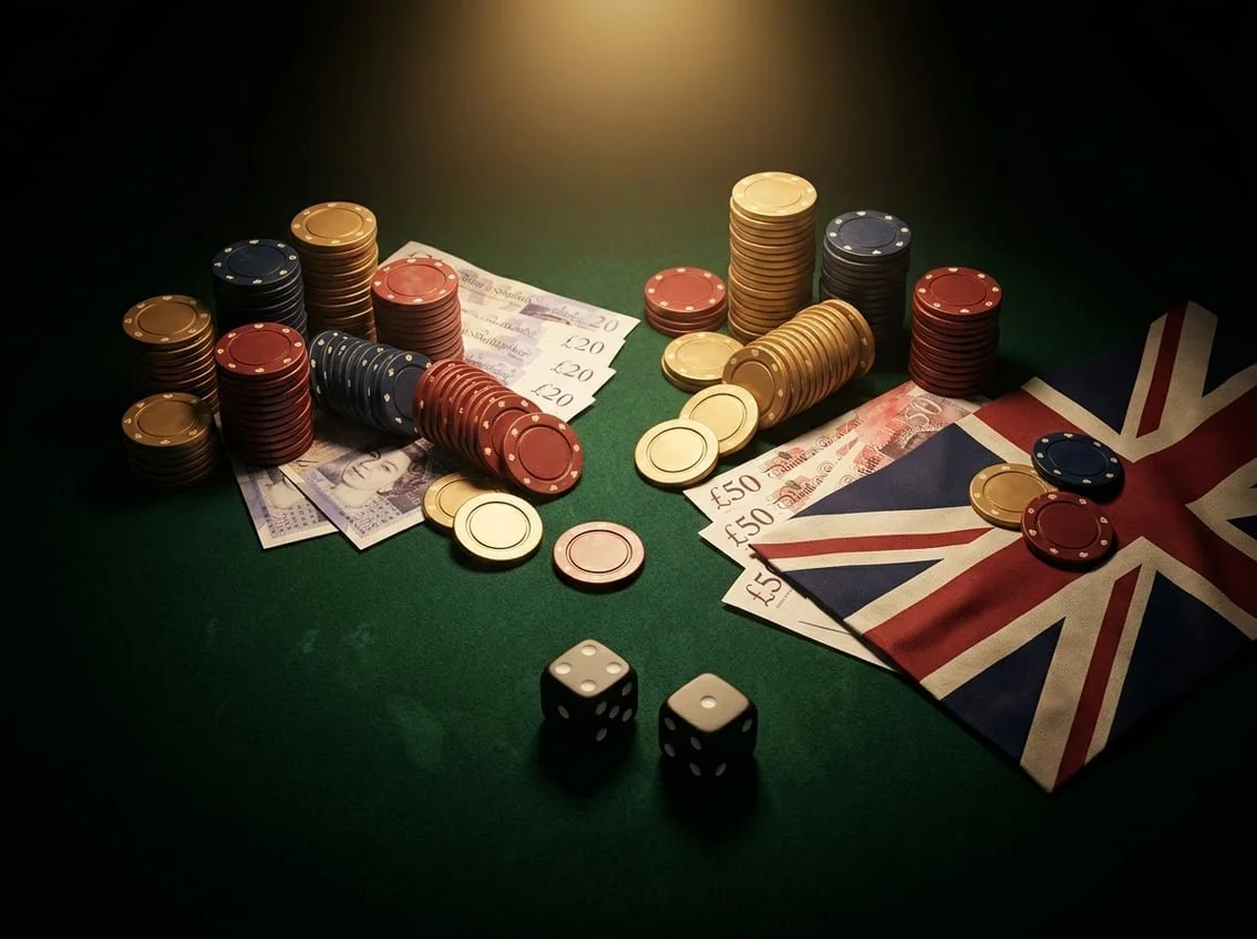 Casino chips, British pound notes, and a Union Jack on a green felt table